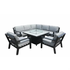 Hartman Apollo Square Corner Sofa Set With Lounge Chairs And Fire Pit Table In Carbon/Pewter -Growhaus Zone L Apollo square corner fire pit chairs pewter silver birch