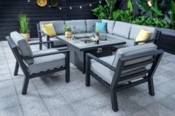 Hartman Apollo Square Corner Sofa Set With Lounge Chairs And Fire Pit Table In Carbon/Pewter -Growhaus Zone L Apollo square firepit corner sofa chairs
