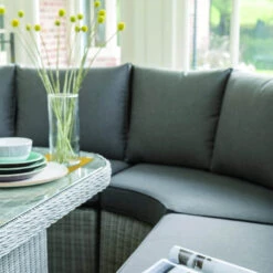 Kettler Palma Grande Corner Sofa Set With Glass Topped Table In White Wash / Taupe -Growhaus Zone l kettler palma grande indoor closeup